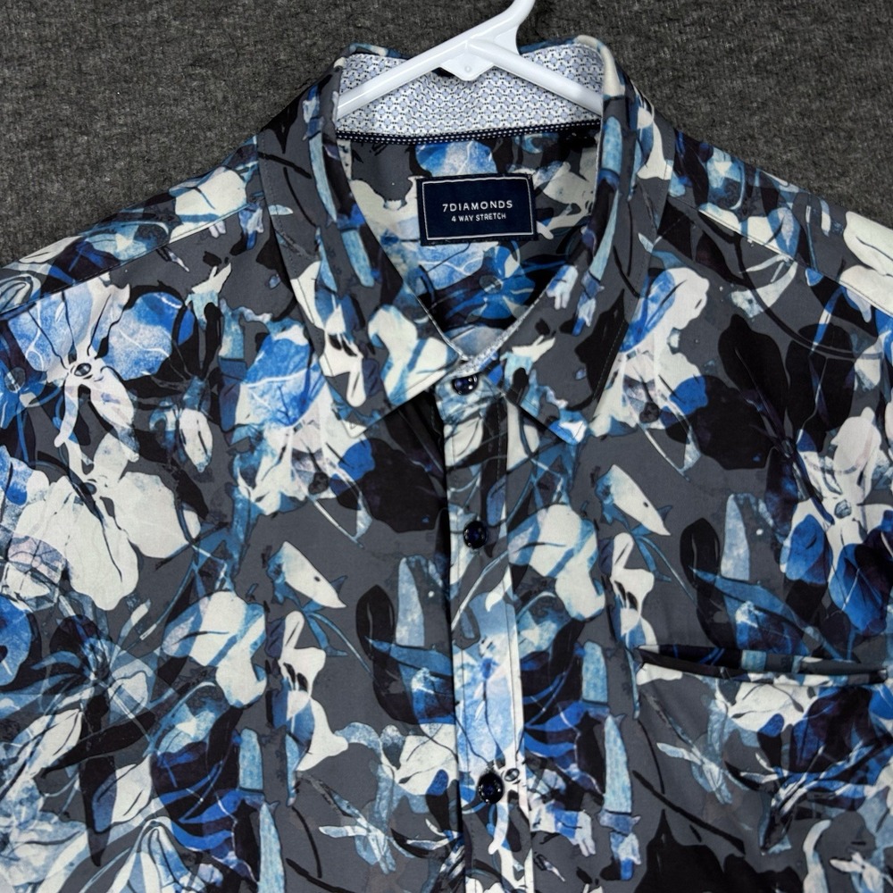 7 Diamonds Shirt Mens Small Blue Floral 4 Way Stretch Button up Performance
